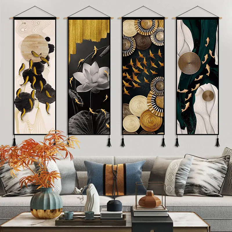 

Chinese Style Wall Hang Scroll Paintings Fish Feng Shui Posters Luxury Wall Art Pictures Living Room Decoration Aesthetic