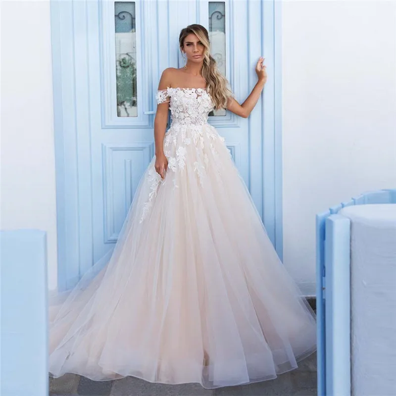 

Bateau Short Sleeves Wedding Dresses Lace Appliques Bride Party Gowns Zipper Back Tulle Skirt Robe De Mariee Spring New Fashion