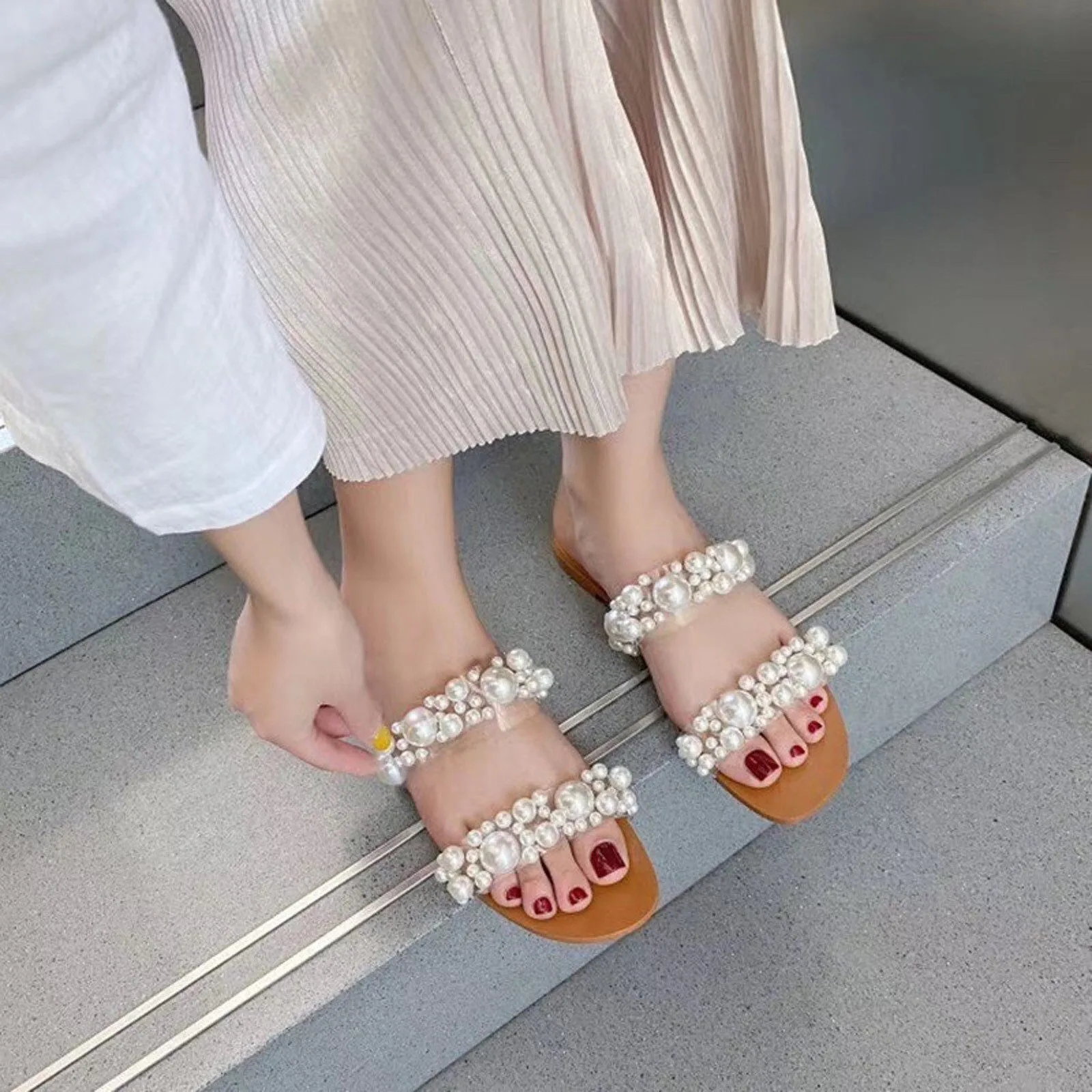 

Ins Women Bohemian Pearl Slippers Flat Bottom Sandals Summer Open Toe Ladies Shoes Crystal Flip Flops Shoes Chaussure Femme