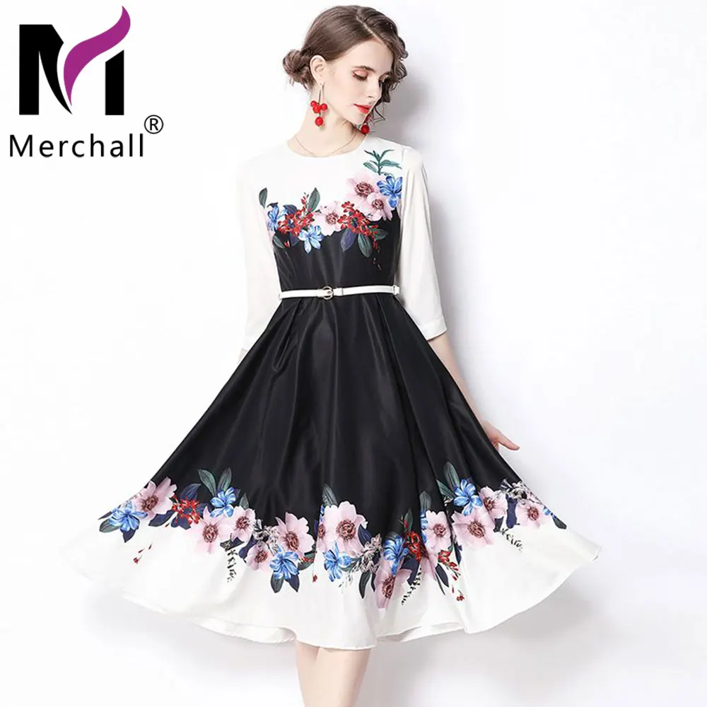 

High Quality Autumn Spring A Line Floral Dress Office Ladies O Neck 3/4 Sleeve Flower Print Print Evening Party Dresses M68770