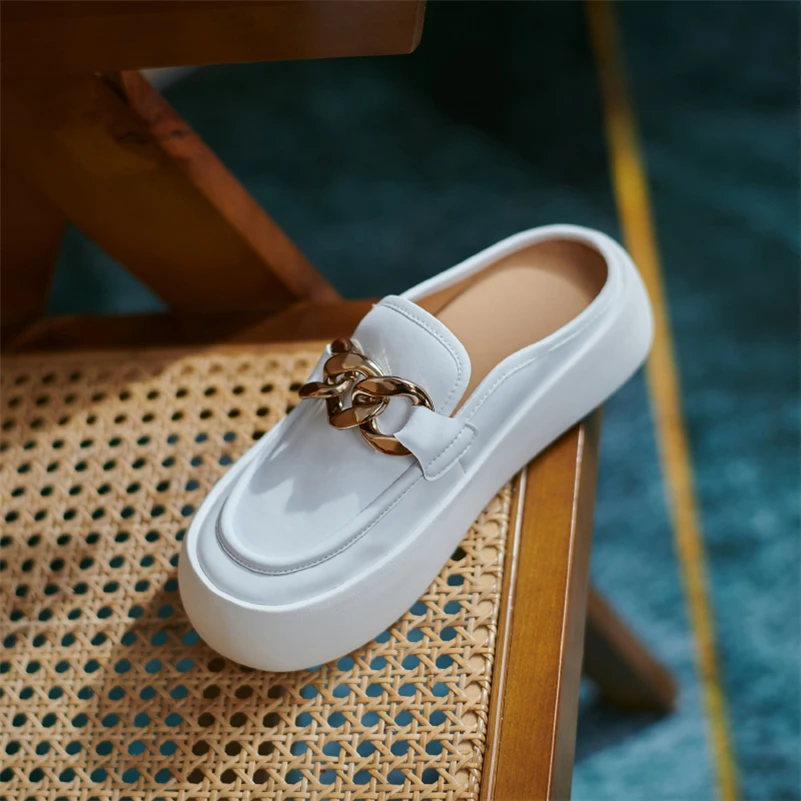 

Meotina Natural Genuine Leather Mules Shoes Round Toe Flat Platform Shoes Causal Chain Ladies Footwear Autumn Yellow Beige 33-40