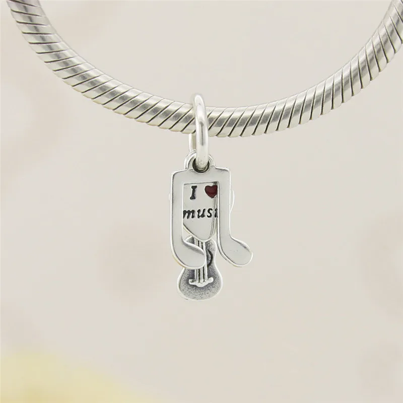 Qikaola 100% Реальный 925 Серебряный I Love Music Подвески в виде гитар Beads подходит для