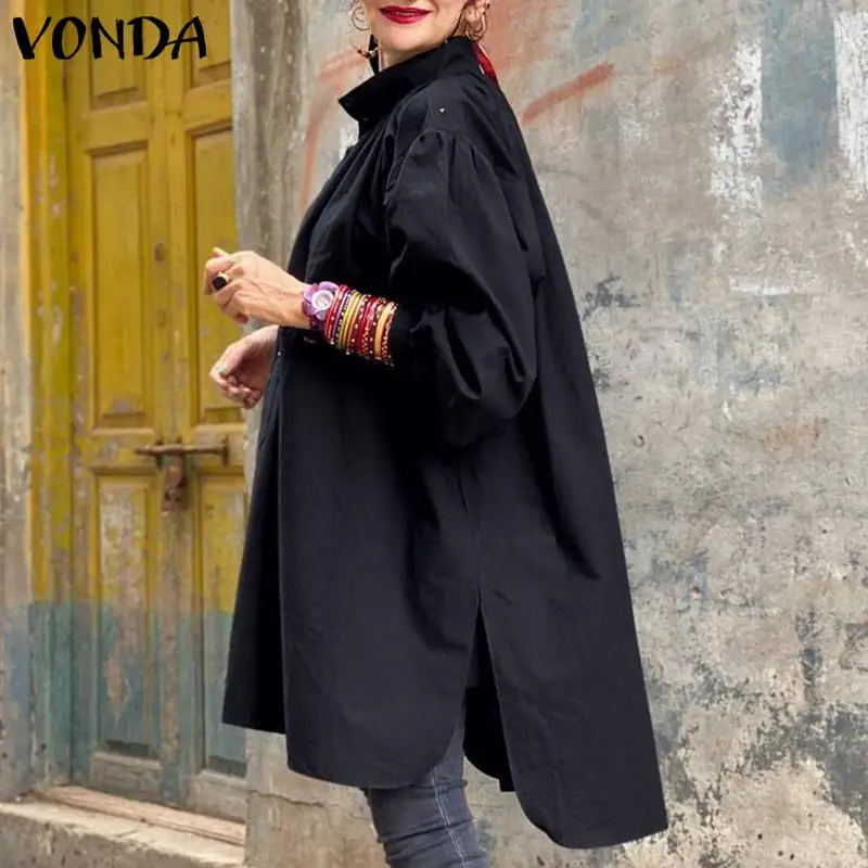 

Elegant Blouse Women's Casual Long Sleeve Tops Elegant Blusas VONDA 2021 Female Lapel Neck Shirts Female Solid Tunic Tops