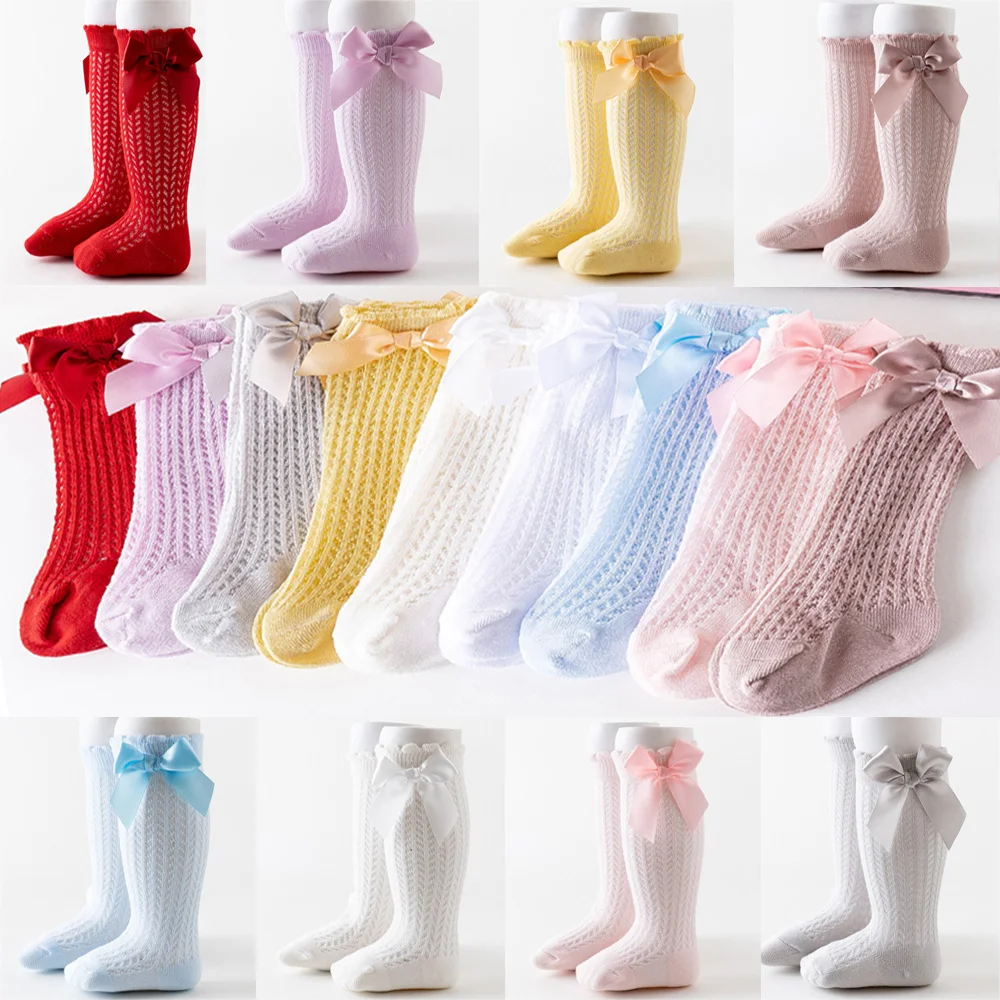 

New Summer Baby Girl Socks Toddler Kids Bow Cotton Mesh Breathable Sock Newborn Knee High Infant Long Cute Girls Socks 1-2Years