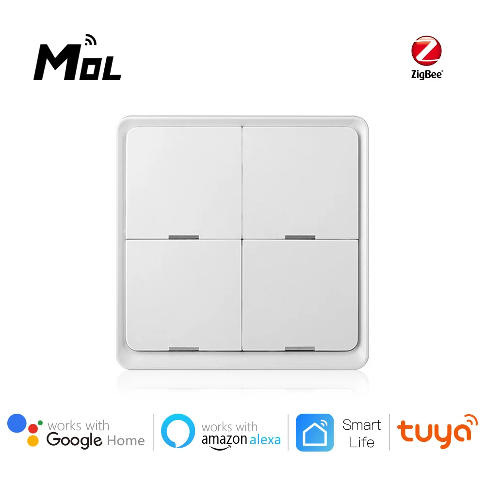 

MOL 4 Gang Tuya ZigBee Wireless Scene Switch Push Button Controller Battery Powered Automation Scenario for Tuya Devices