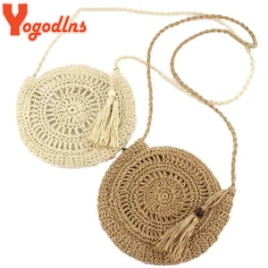 Женская сумка через плечо Yogodlns, круглая соломенная сумка из ротанга, с кисточками, ручная работа, лето