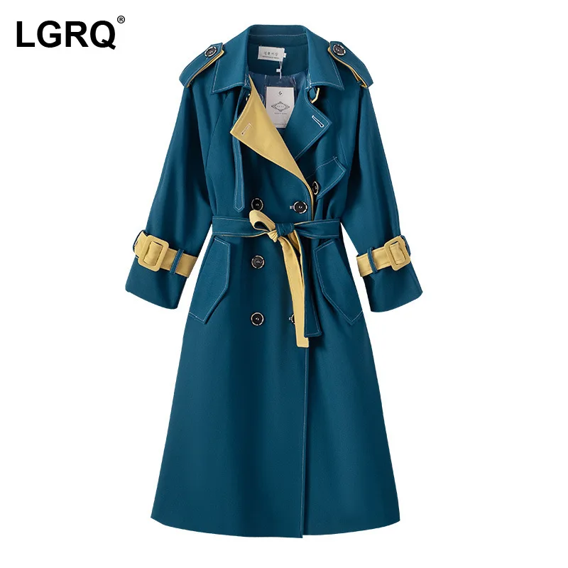 

[LGRQ] Women's Casual Double Breasted Trench New Lapel Long Sleeve Loose Fit Windbreaker Fashion Tide Spring Winter 2021 19D5152