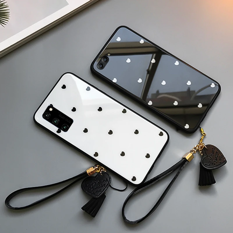 

For VIVO Y30 Y50 Y51 Y66 Y67 Y70S Y85 Y91c Y91 Case Give strap Small Love Heart Hard Glass Cover For VIVO Y95 X50 Pro Y51