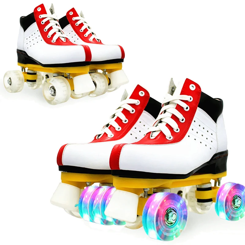 

Роликовые коньки из воловьей кожи, двойные роликовые коньки, размер 34-44, обувь для катания на коньках, патины, красные, белые, 4 колеса, дневны...