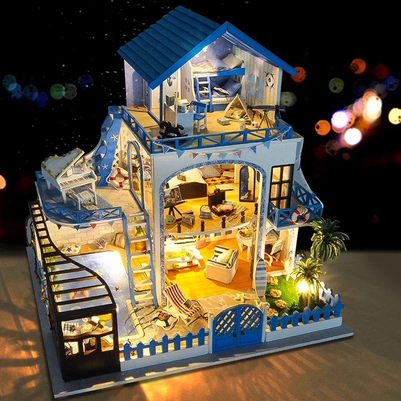 

DIY Wooden Doll House With Furniture Miniature Building Kits Aegean Sea Villa Big Casa Dollhouse Toys for Children Girls Gifts