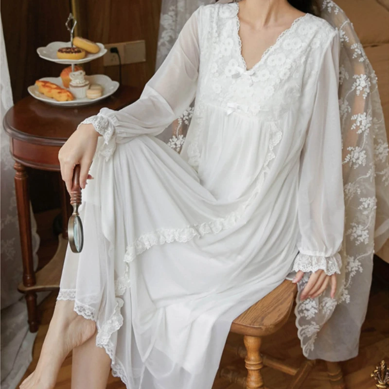 

Women Embroidery Lace Peignoir Vintage Nightgowns Autumn White Mesh Viscose Victorian Long Night Dress Fairy Sleepwear Nightwear