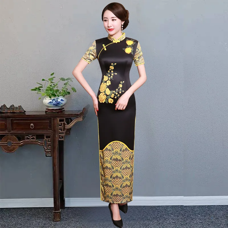 Женское платье Ципао черное шелковое винтажное с цветочным принтом длинное