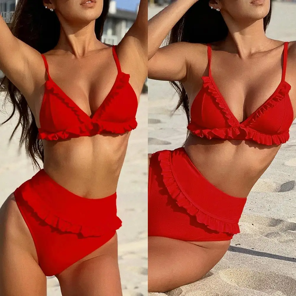 

1set Two-piece Sexy Red V-bar Underwired Bikini Female Swimsuit Shape Beach Wire Bikini Bather Set Bathing Summer Suit