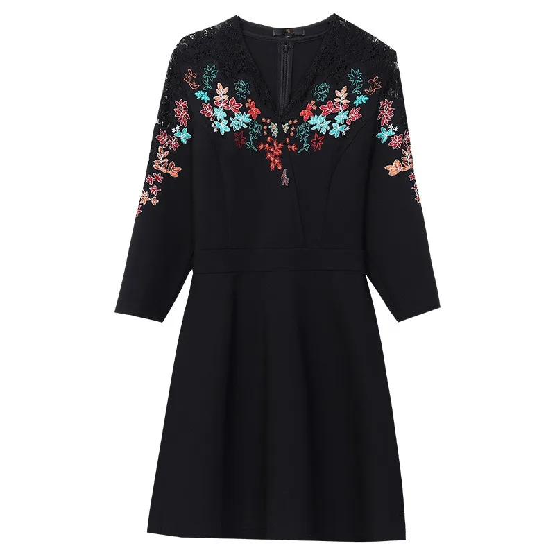 

2021 Spring New Women Fashion Lace Embroidery Patchwok Dress Ladies V-Neck Slim Fit Female Dress Oversize Plus Size L-XXXXXL