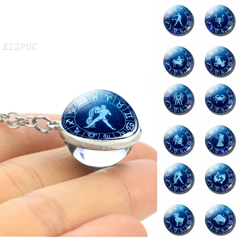 Женское двухбоковое ожерелье со стеклянным шариком 12 знаков зодиака серебряное