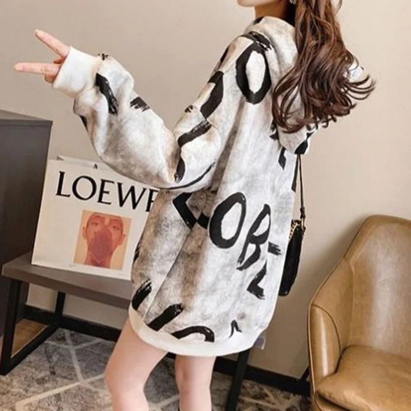 

2021 Autumn Winter New Women's Sweatshirt Fashion Letter Print Fleece Hoodies Casual Oversized Mid length Hooded Sweatshirt