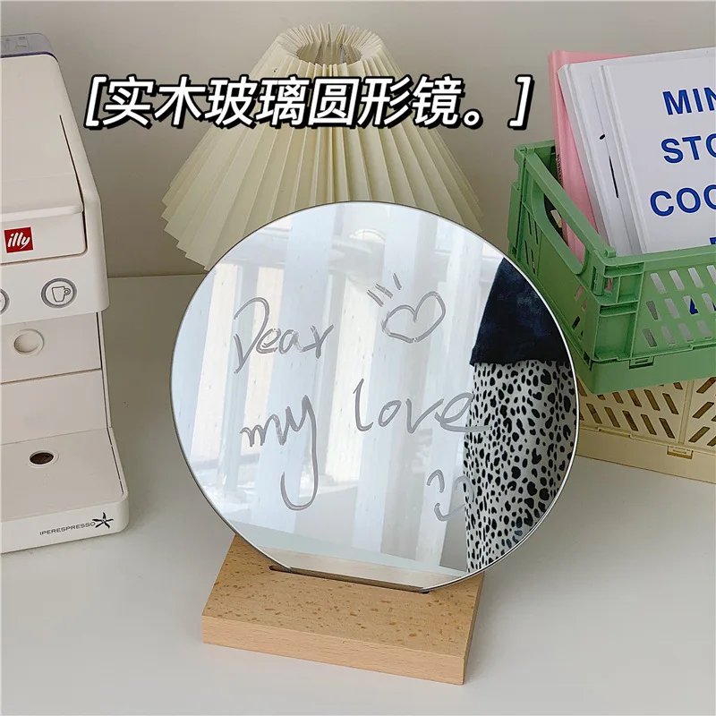 Homemade South Korea INS Celebrity Style Online Circle Glass Mirror with Solid Wood Base Desktop Photographic P | Красота и здоровье