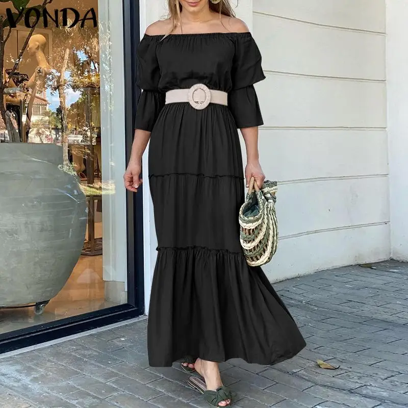 

Off Shoulder Dress 2021 VONDA Bohemian Sundress Women Vintage 3/4 Sleeve Holiday Party Maxi Long Dress Casual Vestido Robe Femme