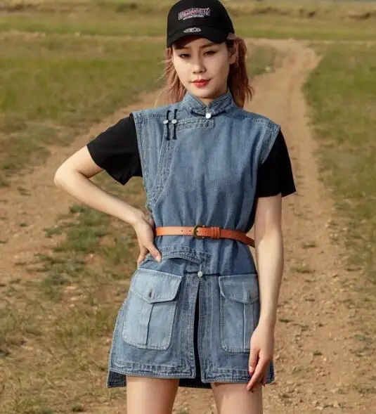 

Mongolian Jeans Vest Folk custom Women Long Tops Spring