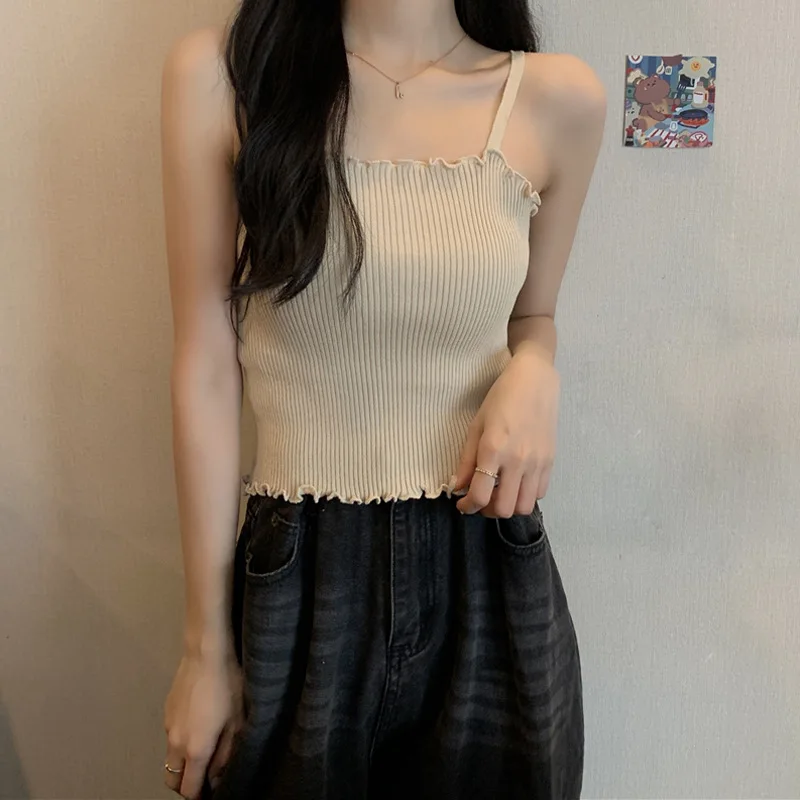

Korean Sexy knitted Tank Top Off Shoulder Spaghetti Straps Sleeveless Halter Crop Top Cute 2021 Summer Women Casual Camis Tops