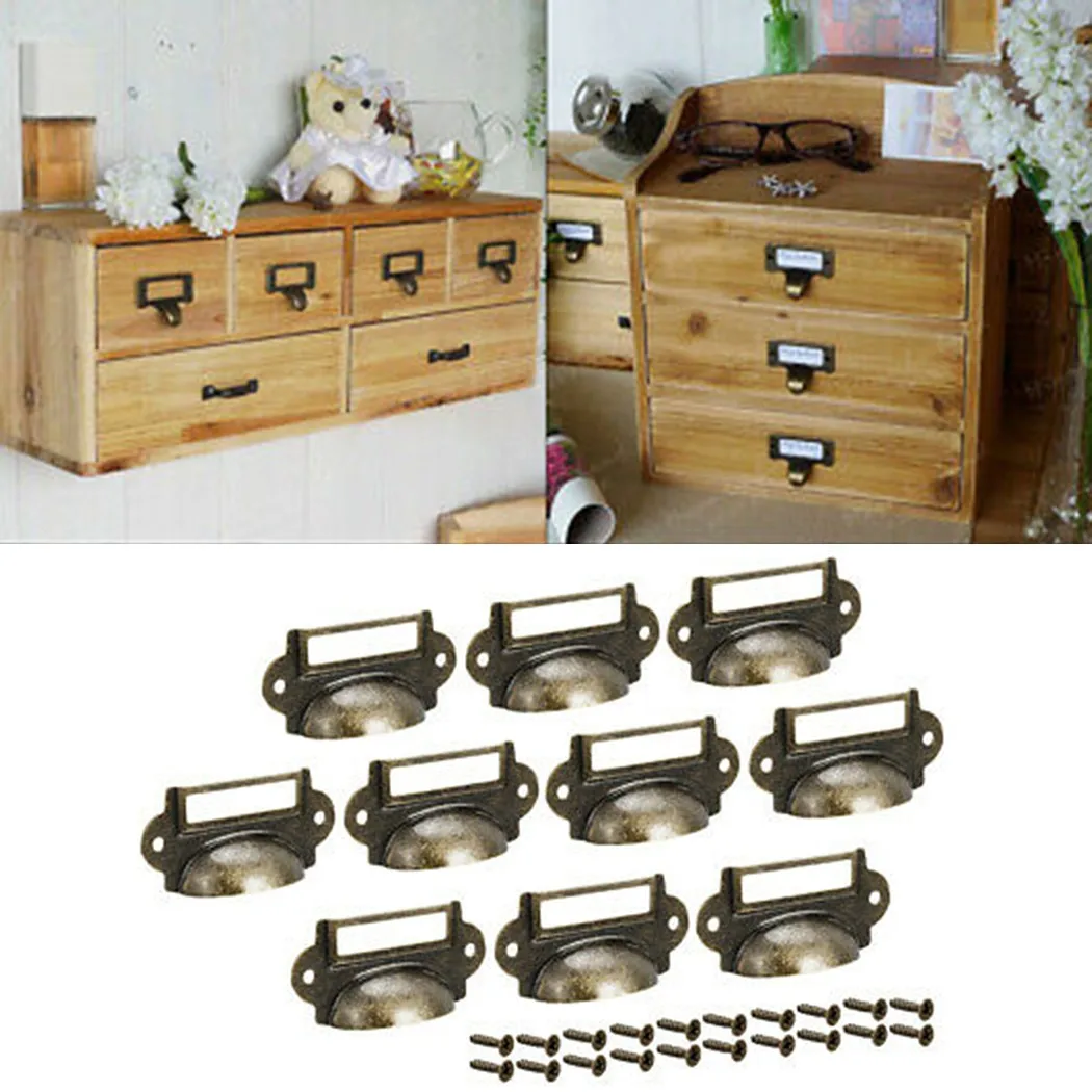 

10pcs Antique Brass Drawer Label Holders w/ Screws Pull Cabinet Cupboard File Case Apothecary Frame Handle File Name Card Holder