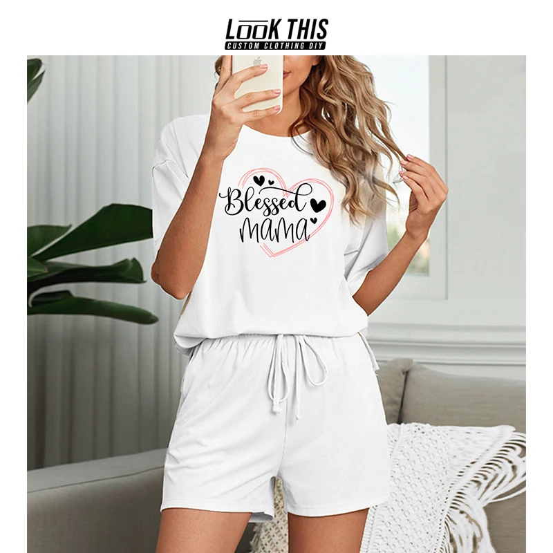 

Blessed Heart Print Summer Women's Cotton Sets Casual Tracksuit Two Pieces Aesthetic New Soft Loose Tees Sport Pants Ladies Set