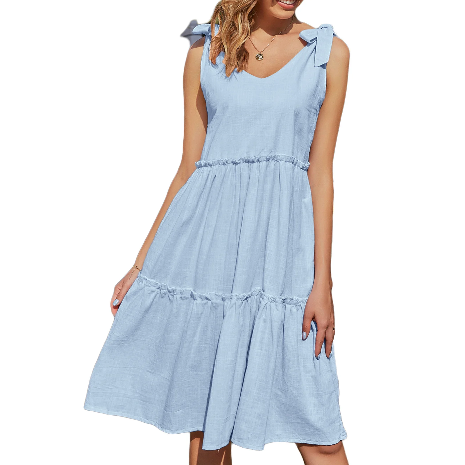

Women Fashion Lace-up Solid Color Dress Stylish Sleeveless V-neck Dress For Ladies