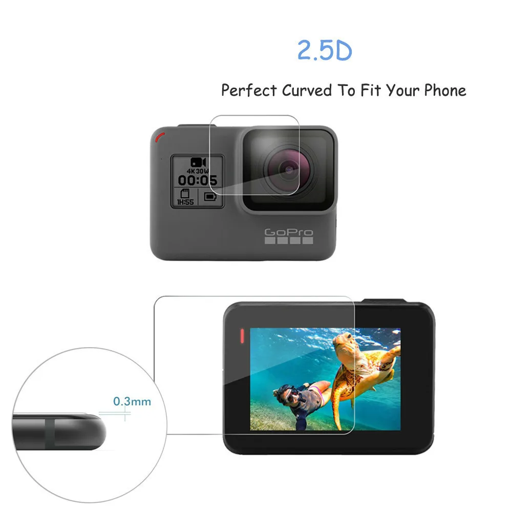 2 шт. в упаковке для GoPro Hero 7, черный цвет, 0,3 мм, 2.5D, 9 H, закаленное стекло, Защитная пленка для объектива видеокамеры, защитная пленка для экрана HERO7, серебристый цвет