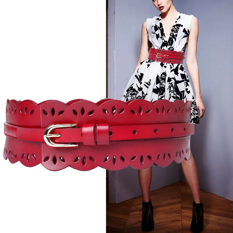Lady's cowhide Waist Brand Width Fashion Vintage Simple Hollow out Carving Needle Buckle Belt Leather  Wide  Trench Coat