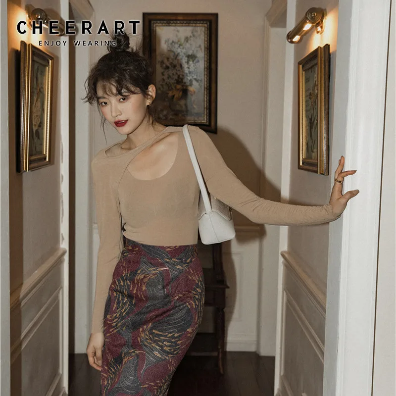 Базовая футболка CHEERART с длинным рукавом Женский Топ вырезами трикотажная