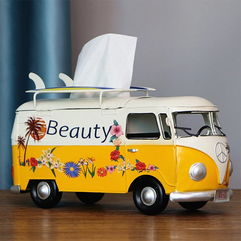 

2022 New Retro Car Tissue Box Flower Bus Model Figurines Napkin Paper Organizer Holder Ornaments Living Room Home Decorative