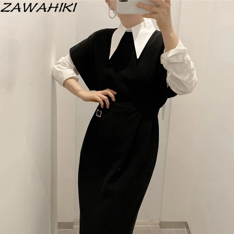 

Zawхиты корейские шикарные осенние простые однотонные рубашки с заостренным воротником с длинным рукавом тонкое платье-жилет с высокой тали...