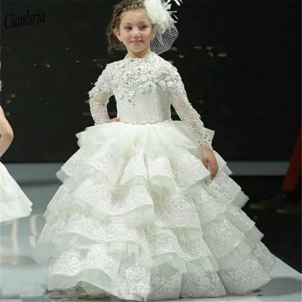 

Luxury High Neck Tiered Lace Skirt Ball Gown Flower Girl Dresses Open Back Long Sleeve Appliques Princess Birthday Party Dress
