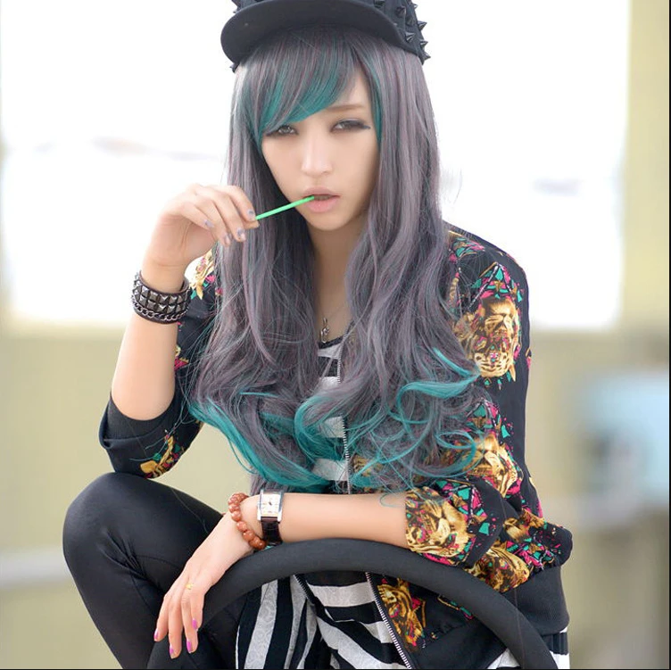

28" Wavy Multi-Color Lolita Cosplay Party Wig Black Dark Green
