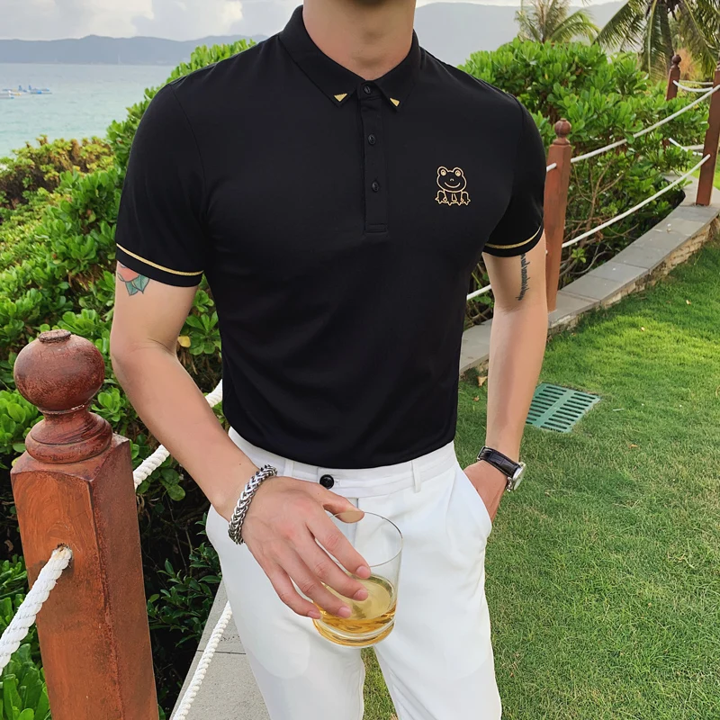 

British Style Summer Men Polo Shirts Short Sleeve Fashion 2021 Turn Down Collar Slim Fit Casual Tee Shirt Homme Black/White 3XL