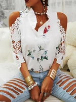 fashion woman blouses 2022 spring summer new flower printing female clothing strapless lace stitching long sleeved t shirt women