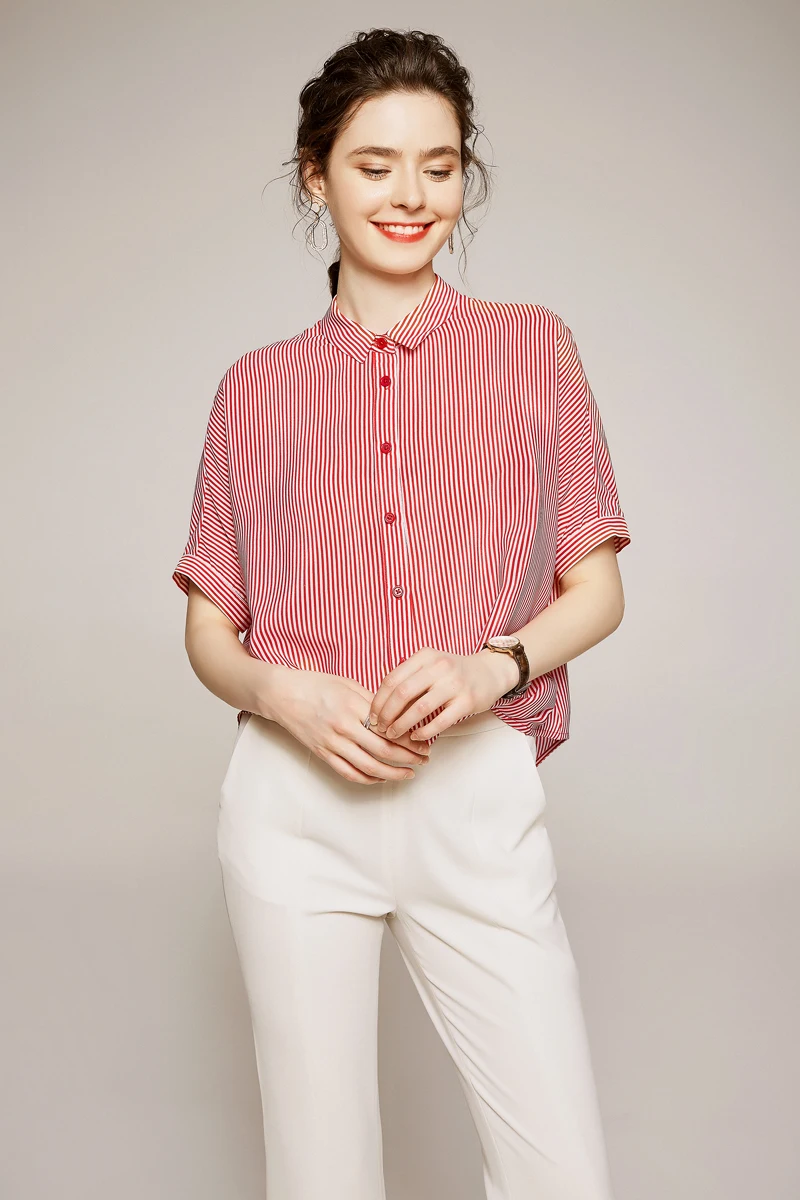 Женская рубашка из 100% шелка с отложным воротником и короткими рукавами в полоску