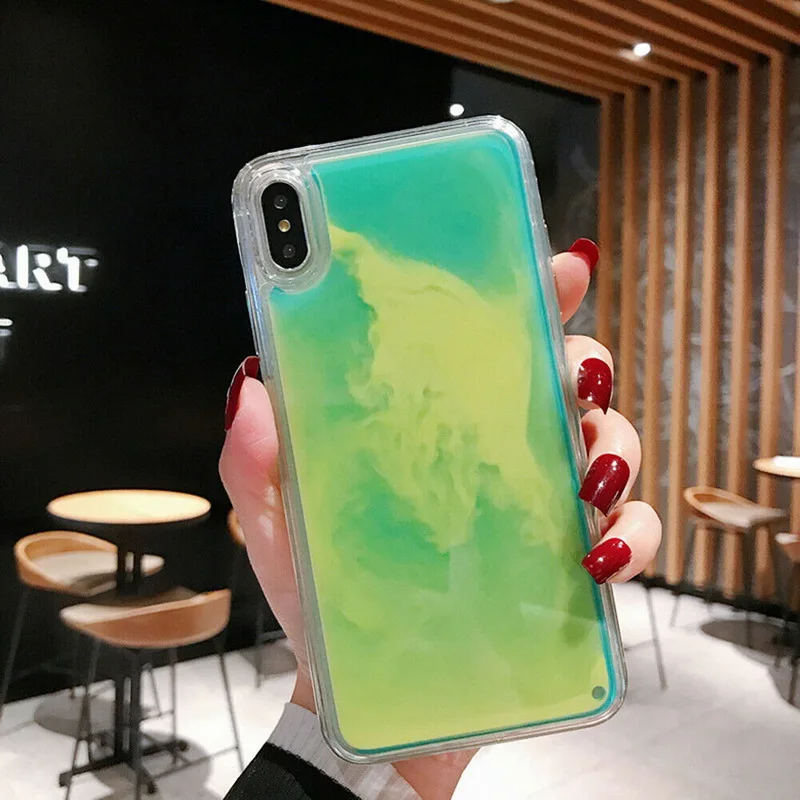 Светящиеся неоновые песок чехол для samsung S8 9 10 плюс Note10 8 9 A50 A70 40 светится в темноте Жидкий блеск зыбучие пески чехол iPhone 11