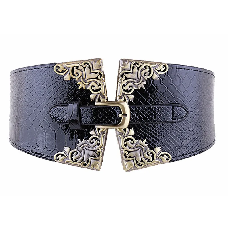 

Lady Women Elastic Waistband Wide Waist Belt Retro Metal Buckle Faux Leather Red Brown