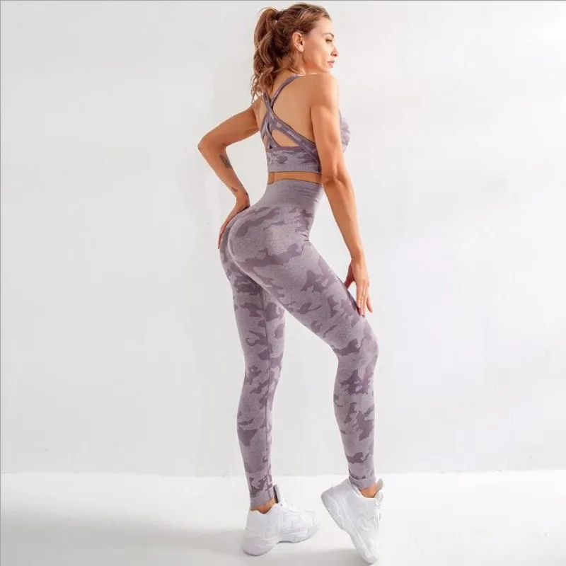 

New 2020 Camouflage Seamless Run Suit Yoga Bra Sports Set Gym Workout Clothing Fitness Pants Exercise Bra + Long Sleeve Clothing
