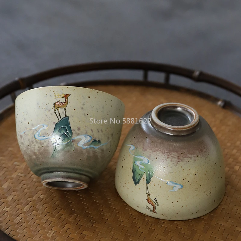 Керамическая чайная чашка ручной работы с оленем китайская 90 мл|Чашки и соусницы|