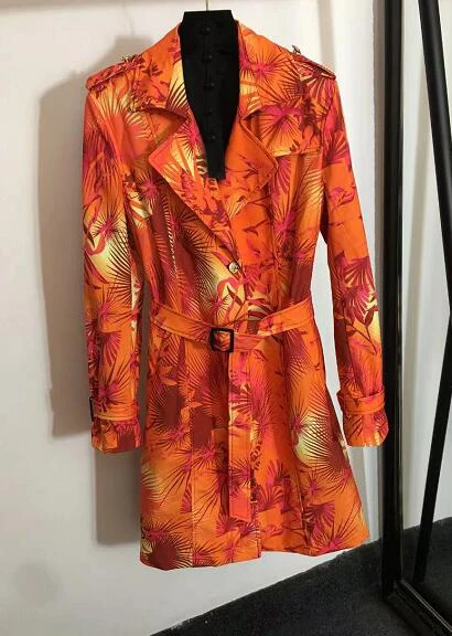 

Hot Selling Flower Printed Windbreaker Women Turn-down Collar Classic Long Trench Coat with Belt