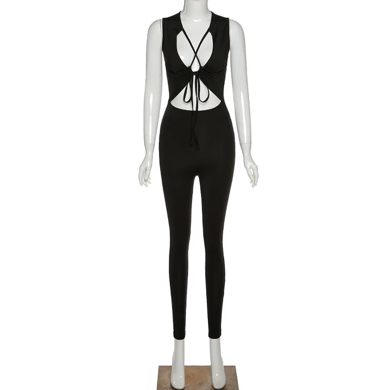 

Europe's new sexy solid color hollowed out Jumpsuit fashion slim U-neck sleeveless women's Vest pants