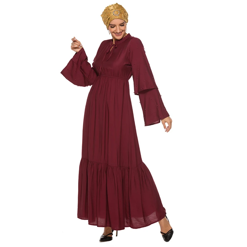 мусульманское платье Женская мода гофрированные рукава вышитое бисером