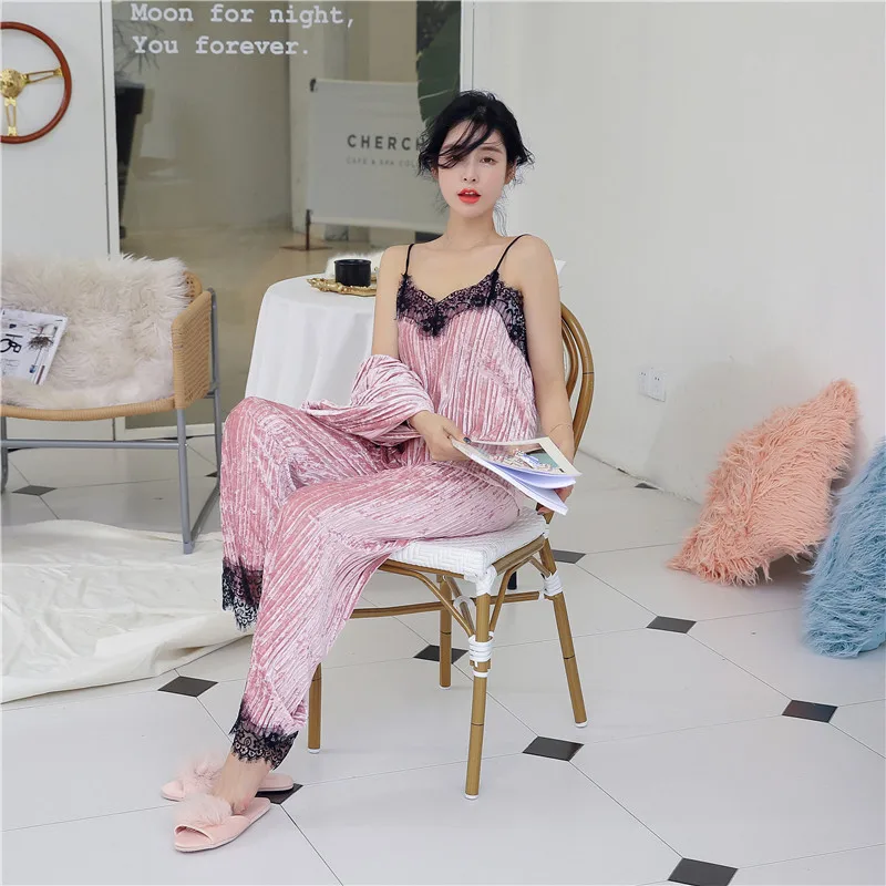 Женский сексуальный пижамный комплект зима-осень однотонный бархатный длинный