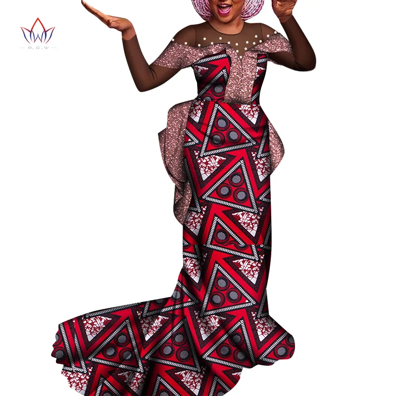 Bintarealwax Wedding Party Dashiki Floor Length Elegant Lady Clothing New Trend 2021 Peals Female African ClothingWY8534