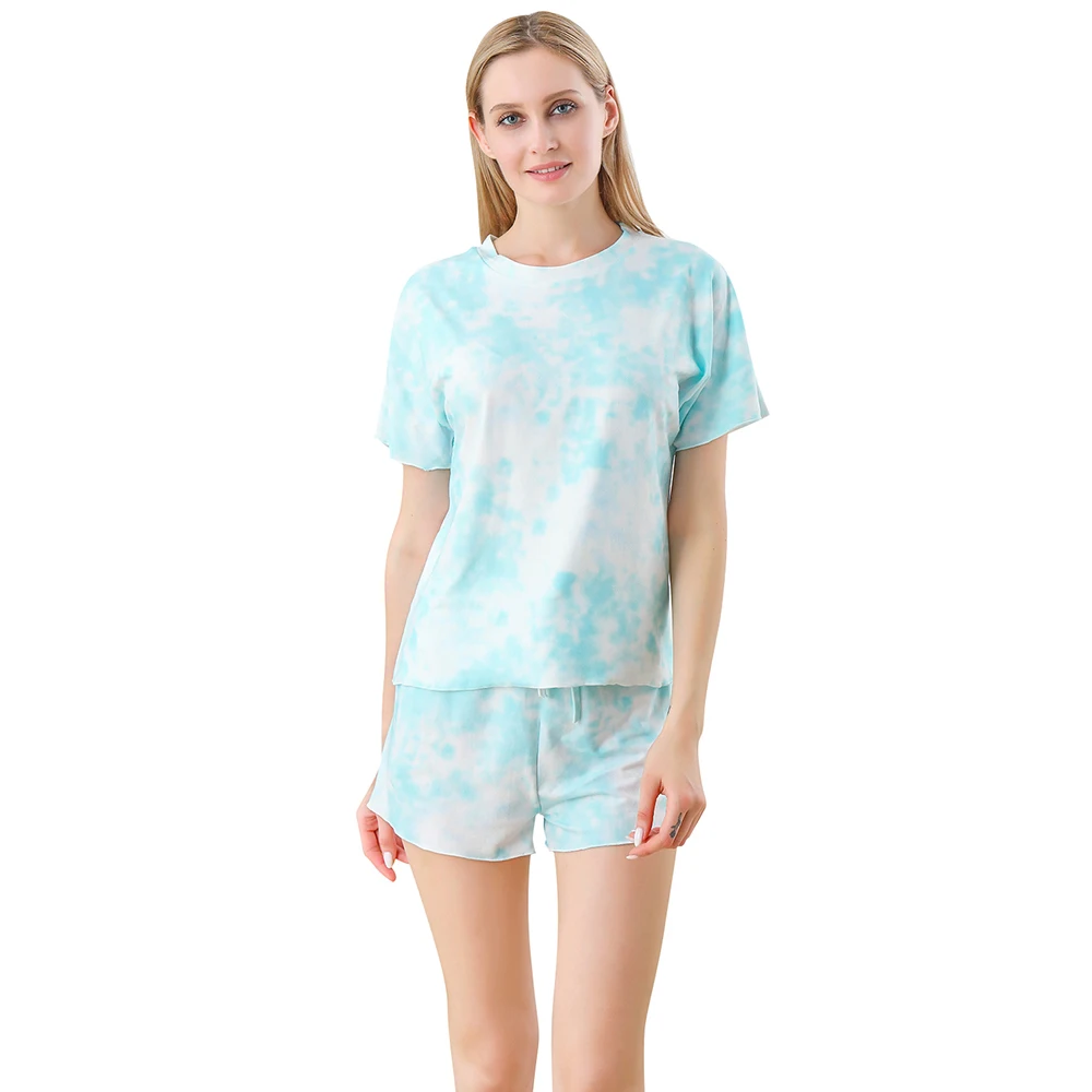 

2020 New Summer Loose Pajamas Sets for Women Tie Dye Printed Loungewear Short Sleeves Sleepwear Female Tee Shirts and Shorts Set