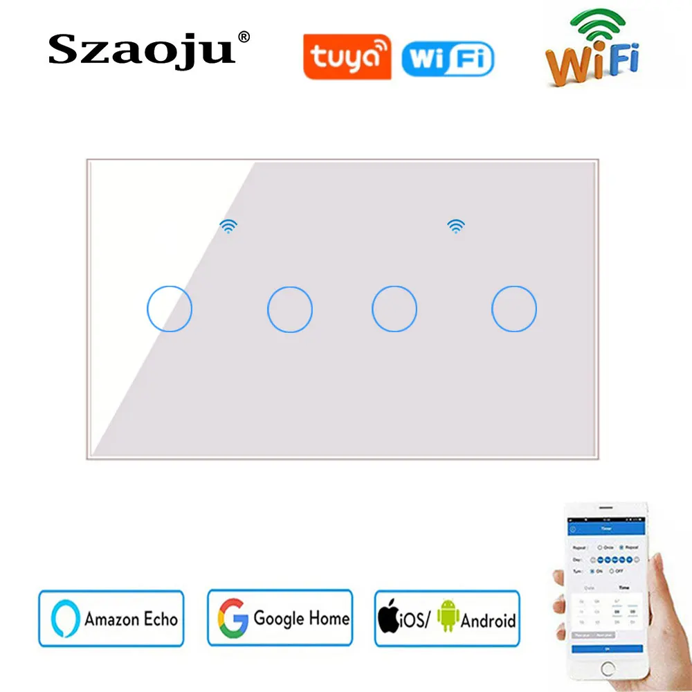 

Szaoju Touch Switch, White Crystal,Toughened Glass Panels, WIFI Tuya Smart, AC110- 220V Wall Light With or Without Neutral Wire