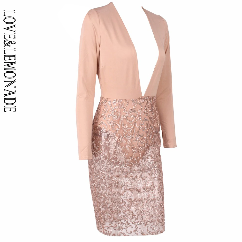Женское вечернее платье LOVE & LEMONADE бежевое вечерние с блестками модель TB 9755|sexy sequin