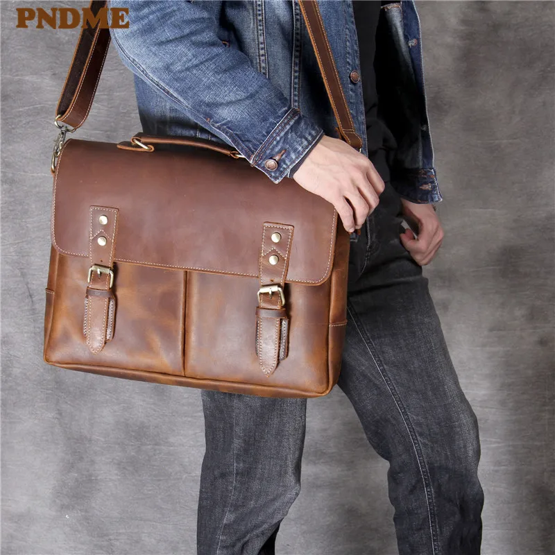 PNDME vintage crazy horse cowhide men's briefcase business high quality genuine leather luxury office large laptop shoulder bag